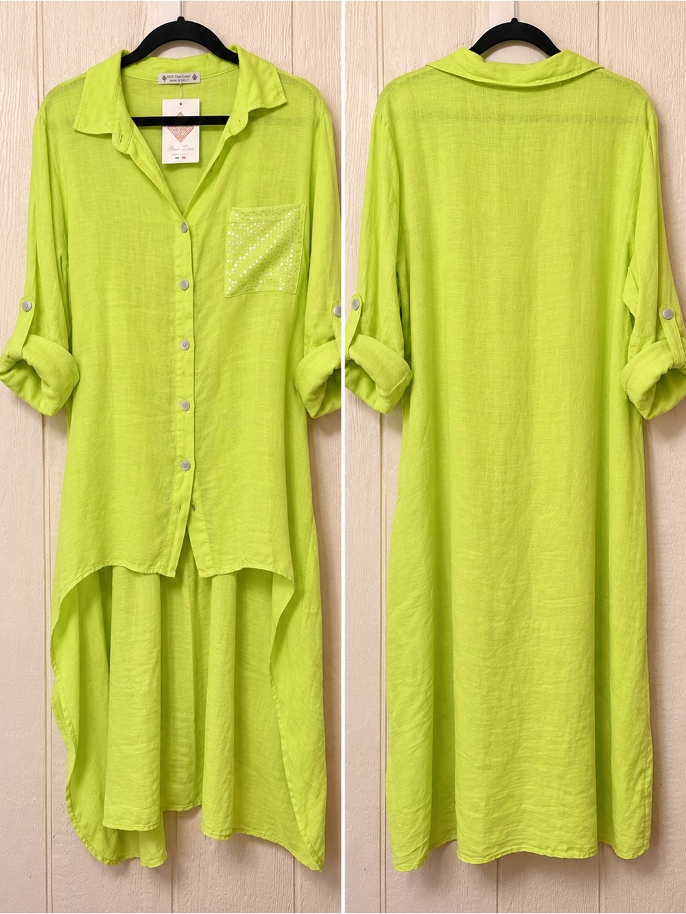 Puro Lino Lime Green Linen Shirt Dress Lagenlook Coastal Resort Tunic